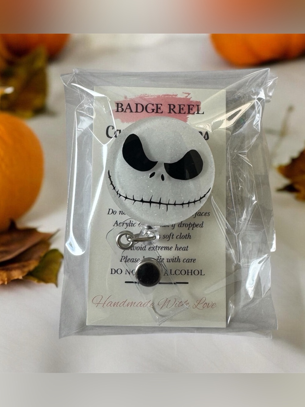 Handmade Badge Reel with Jack Skellington Face - White